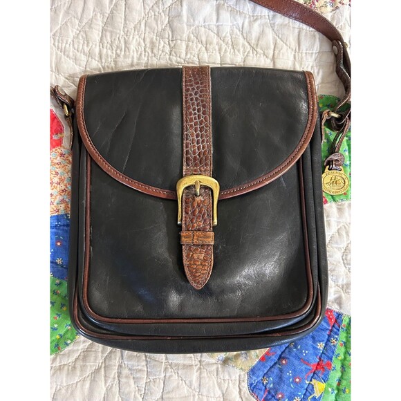 Vintage Brahmin 80's Black/Brown croc strap leather crossbody bag - Picture 2 of 13